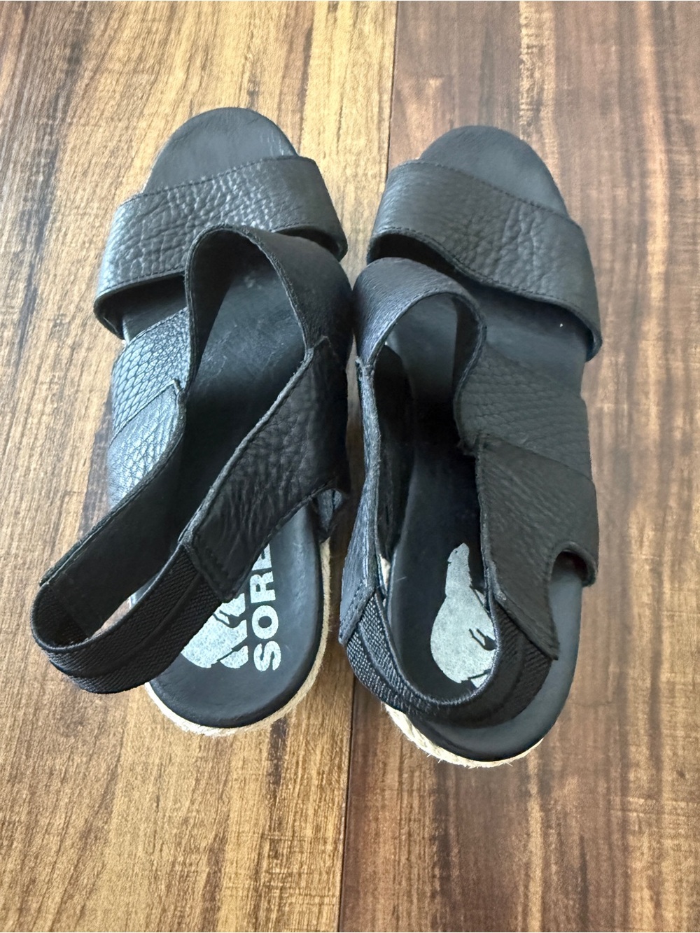 Sorel Black Leather-Look Espadrille Wedge Sandals - Picture 4 of 7